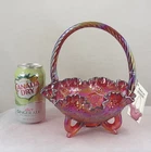 Fenton Family Signature Red Carnival Leaf & Lions 8" Tri Footed Handled Basket