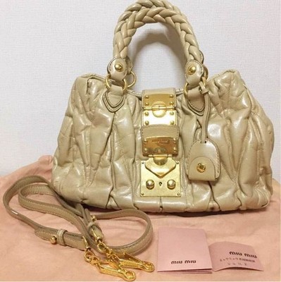 Auth Miu Miu Matelasse 2way Handbag Beige Gold w/Shoulder Strap Dust Bag Key