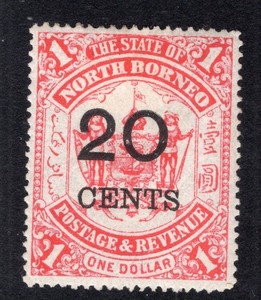 North Borneo 1895 20c on $1 red Surcharge, Scott 76 MH, value = $57.50