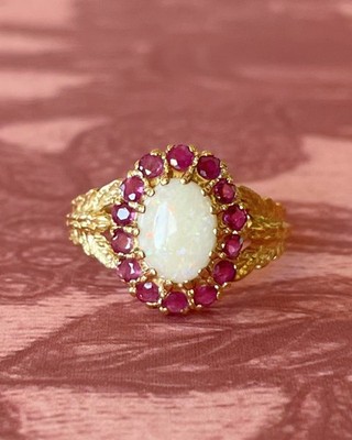 Vintage Caspian International 14k Yellow Gold, Opal, and Ruby Cluster Ring