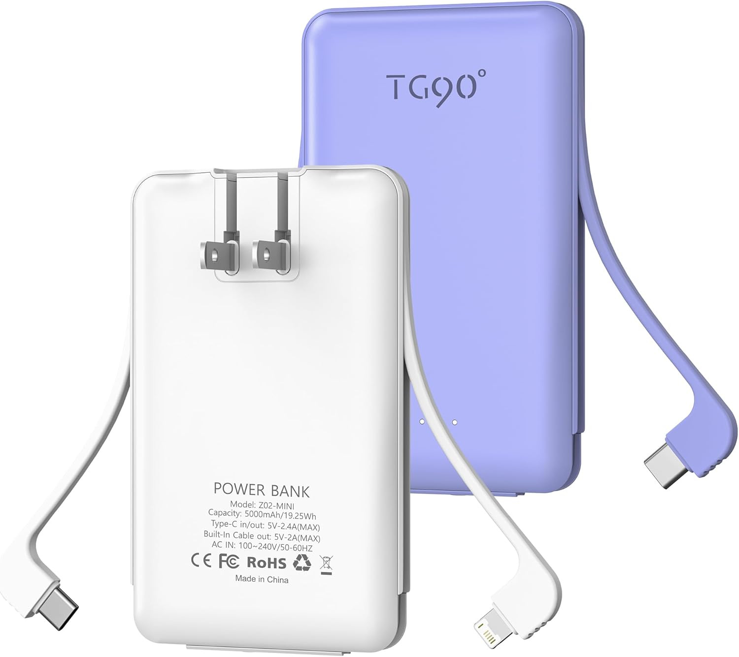 TG90° 2 Pack External Battery 5000mAh Portable in White & Purple for On-the-Go Charging