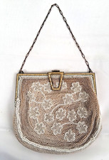VTG Cream Floral Art Deco Micro Seed Pearls Glass Beaded Purse Unique Clasp