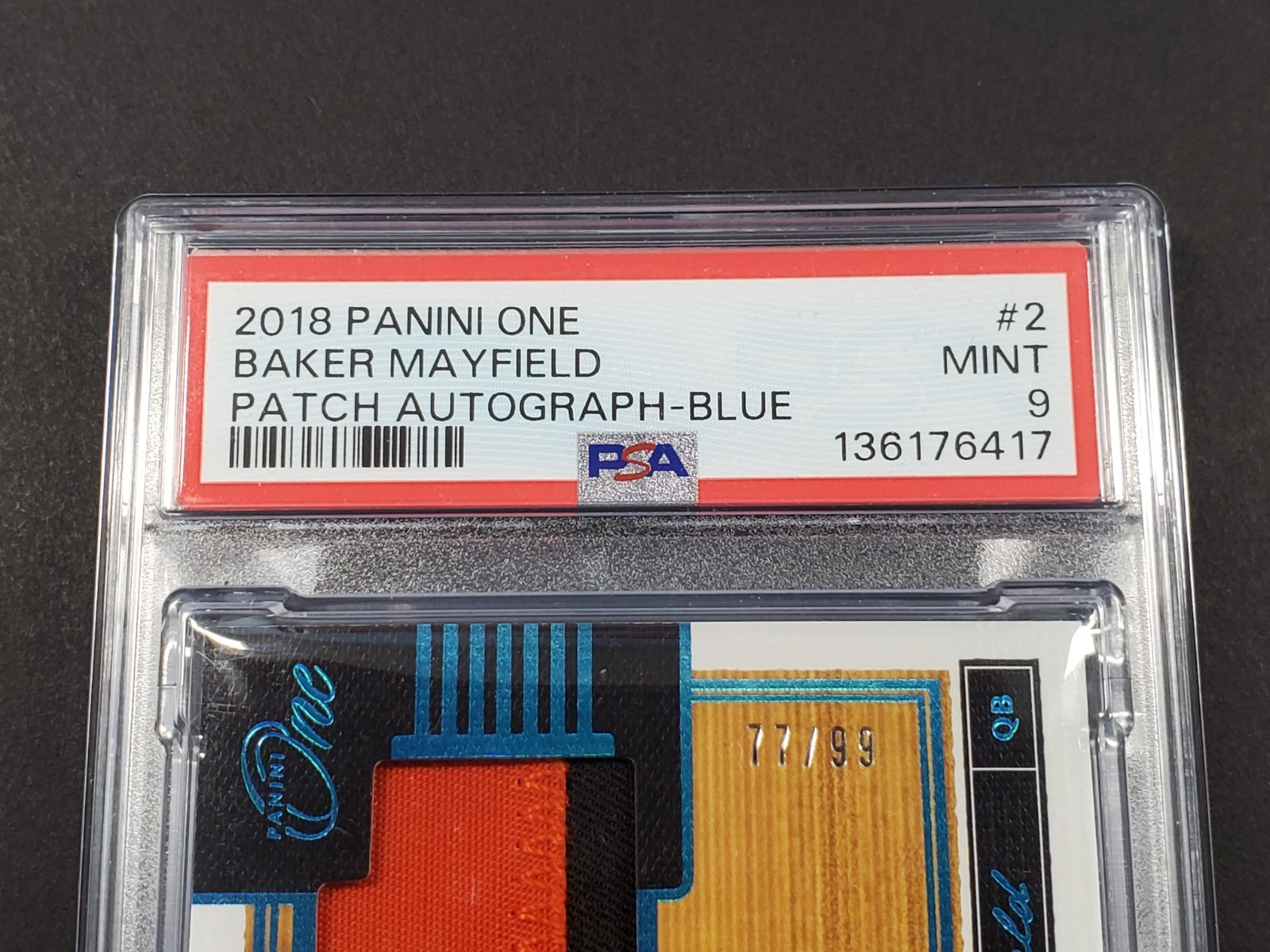 2018 PANINI ONE BAKER MAYFIELD BLUE ROOKIE AUTO PATCH SIGNATURE SP  /99 PSA 9 view 3