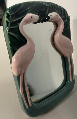 Retro Flamingo & Leaves Desk Dresser Table Mirror Stand Funky Home Decor ~9x6''