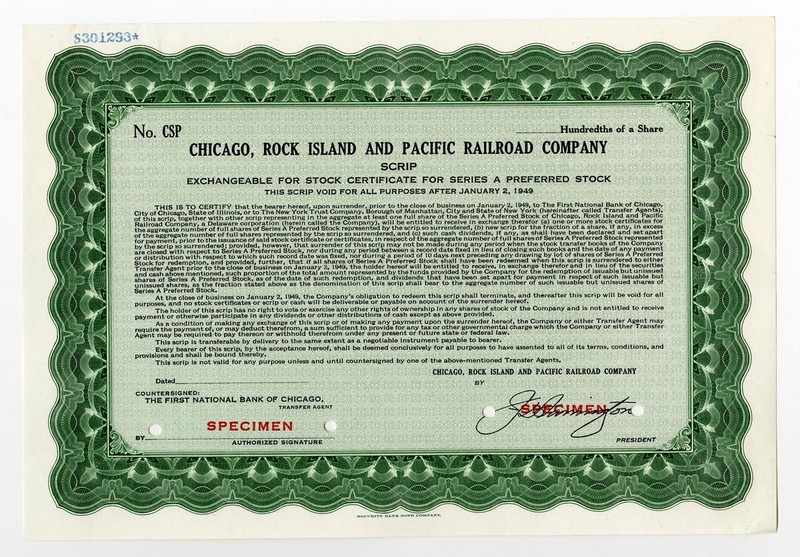 Chicago, Rock Island and Pacific Railroad Co., ND(1930-40s) Specimen Stock Cert.