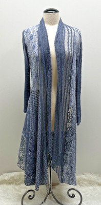 This & That Open Front Duster Sweater Blue Boho Asymmetrical Lace MIxed Media L