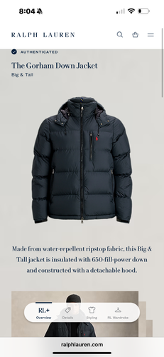 Polo Ralph Lauren Gorham Down Jacket Mens 2XLT 2XL Tall Black Performance Hooded - Picture 7 of 13