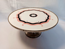 Art Deco Tortenplatte Tortenstand Keramik Metallfu&szlig; grafisches Dekor Rose Schwar