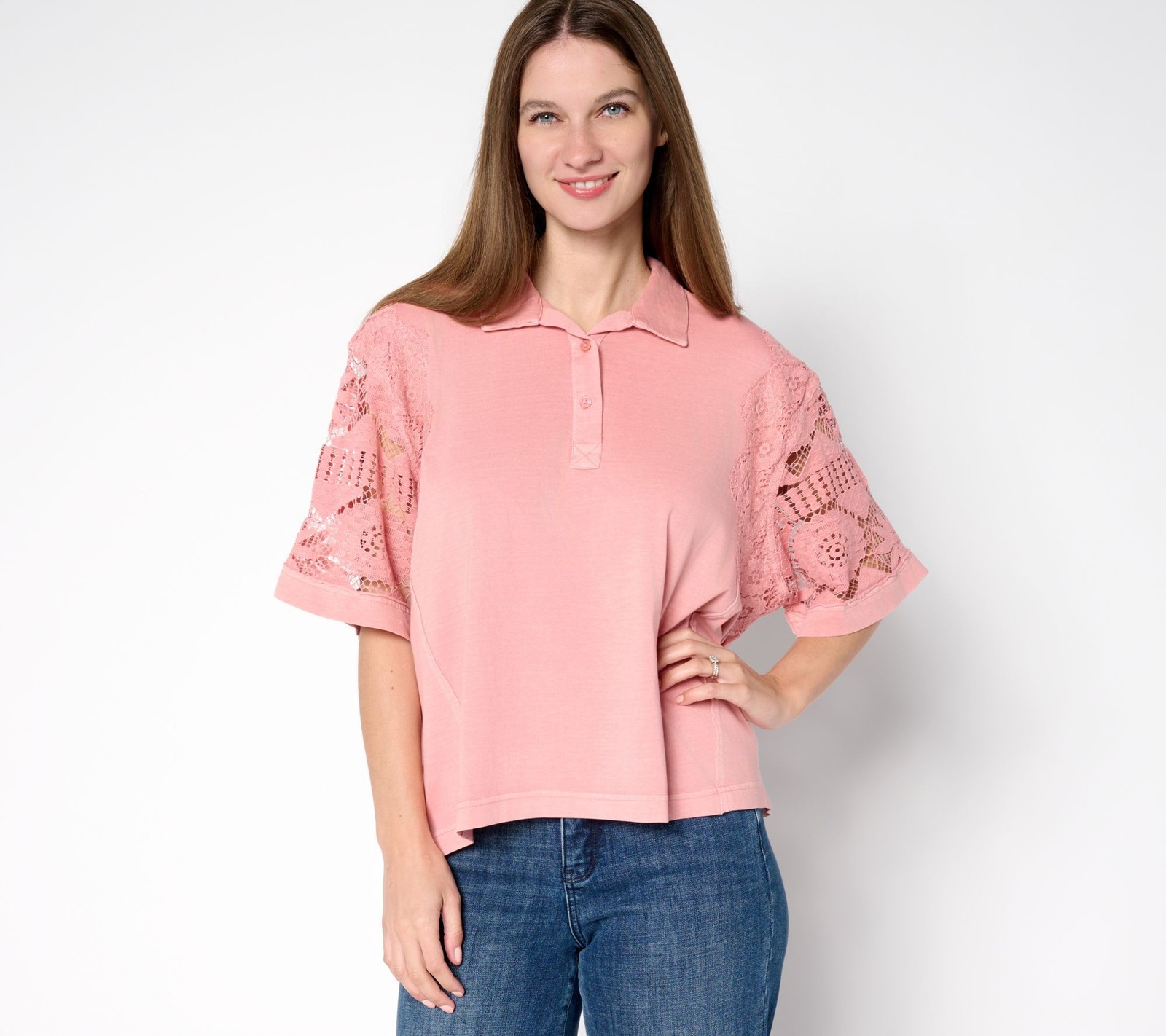 Fashion Women's Top Sz M 100% Cotton Polo Lace Pink A697249
