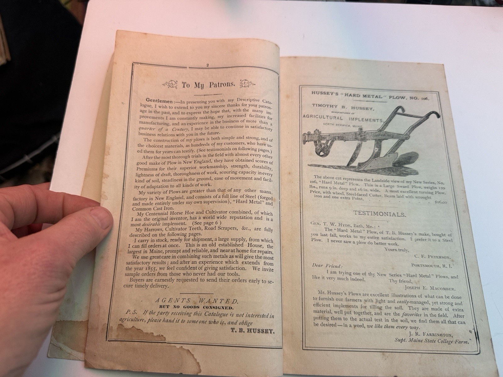 C 1885 TIMOTHY HUSSEY PLOW WORKS FARM CATALOG W BAUSEMAN WINDMILL BERWICK MAINE