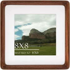 8X8 Square Picture Frame in Natural Walnut Wood, Solid Wooden Frames Matted to 6