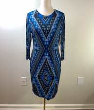 Karen Kane Blue Black White Geometric Knit Pullover Sheath Dress L 3L99184