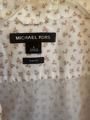 Michael Kors Slim Fit Short Sleeve Button-Up Shirt L White Brown Geometric