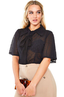 Voodoo Vixen Bluse Flutter Sleeve Bow Black Chiffon Retro Vintage Schluppenbluse