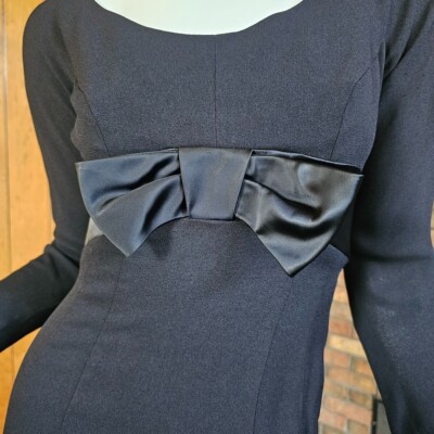 Vtg 1950s 60s Hollywood Goth Film Noir Empire Bow Wiggle Cocktail Party Dress XS