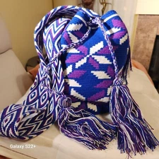 MOCHILA WATUU BUCKET BAG  HOBO HAND WOVEN  BLUE/PURPLE/WHITE  8" W×12"H