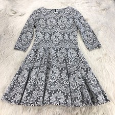 Eliza J Women's 6 Black White Textured Floral Fit Flare Dress 3/4 Sleeves