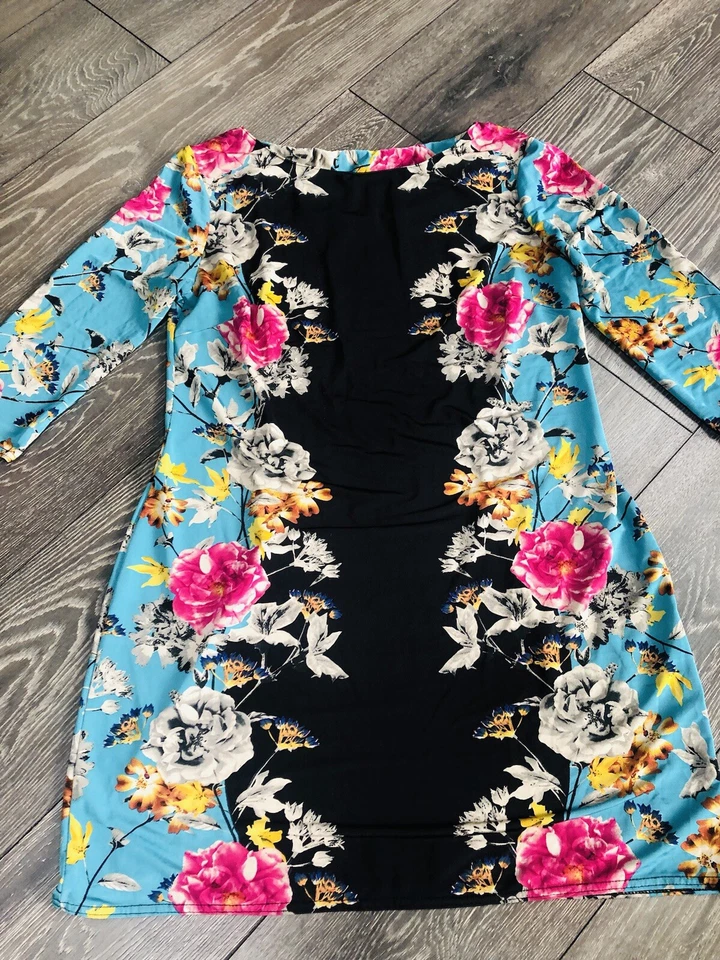 Stylish Black Colourful Floral Print Stretch Mini Dress 3/4 Sleeves 14-16 - Image 4 of 4