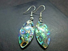 Abalone Shell Marquise Oval Silver Hook Drop Dangle Earrings Mother of Pearl