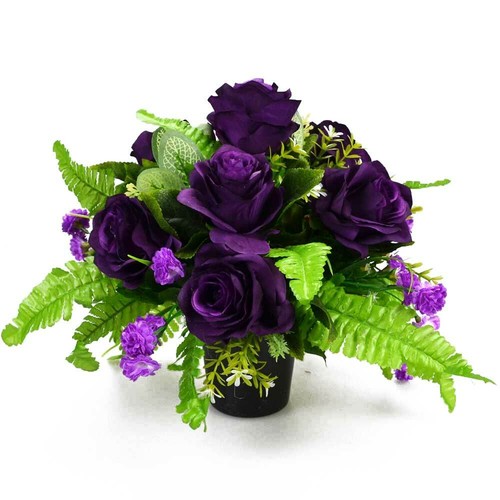 Artificial Flower Graveside Pot with Purple Roses Cemetery Memorial