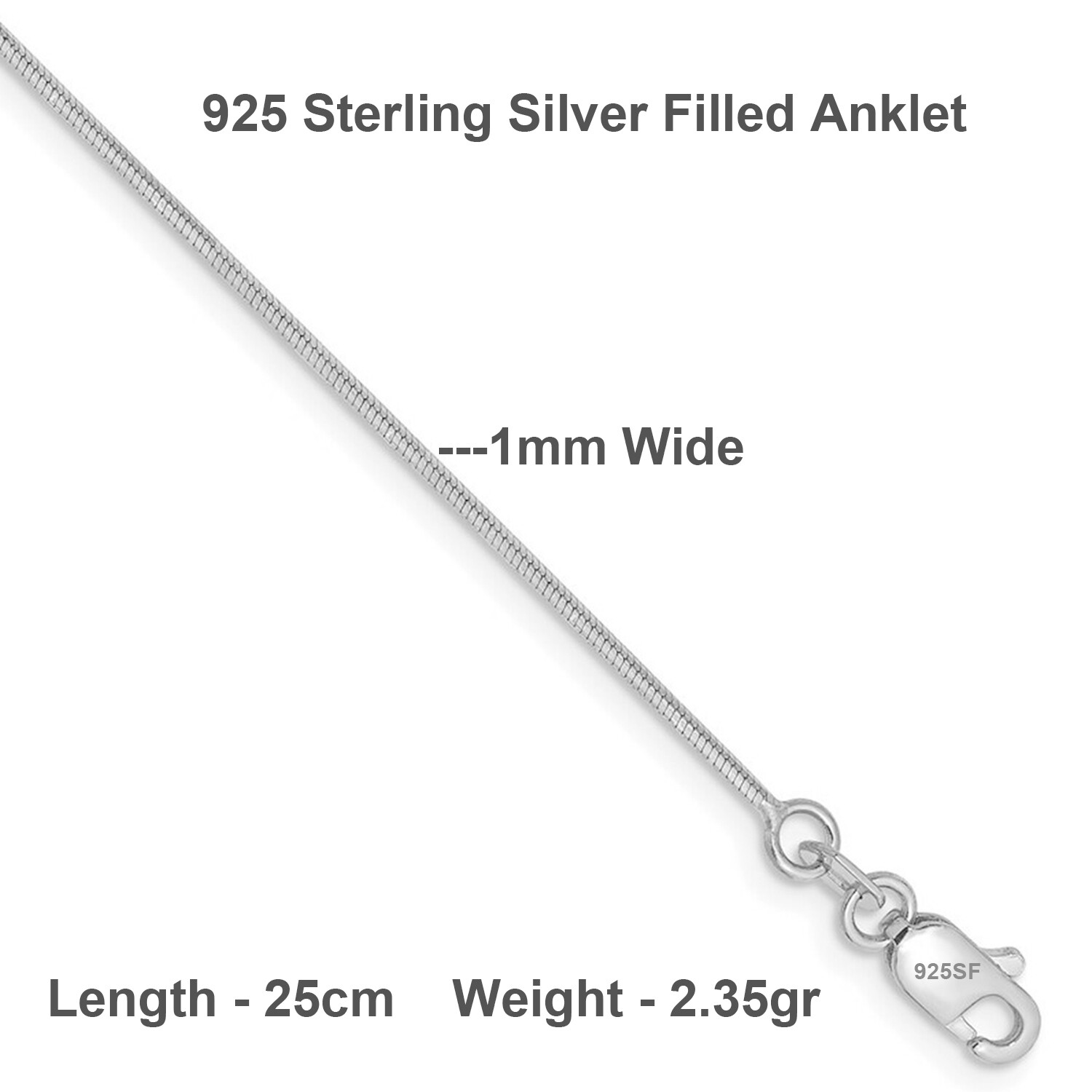 Anklet Real 925 Sterling Silver Filled Solid Fine Snake Link XL Bracelet 25cm-image