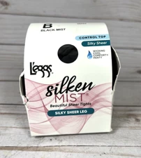 L'eggs Silken Mist Silky Sheer Tights Size B Black Mist Control Top 98553 NEW