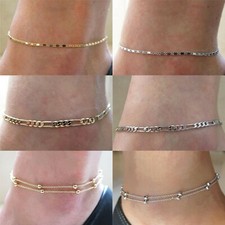 LADIES GIRLS DOUBLE LAYER BEAD ANKLET BRACELET CHAIN ADJUSTABLE GOLD SILVER UK