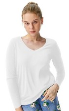 Women Ladies Plain Basic T-Shirt Top Vest Cotton Tshirts **LONG SLEEVE V NECK**