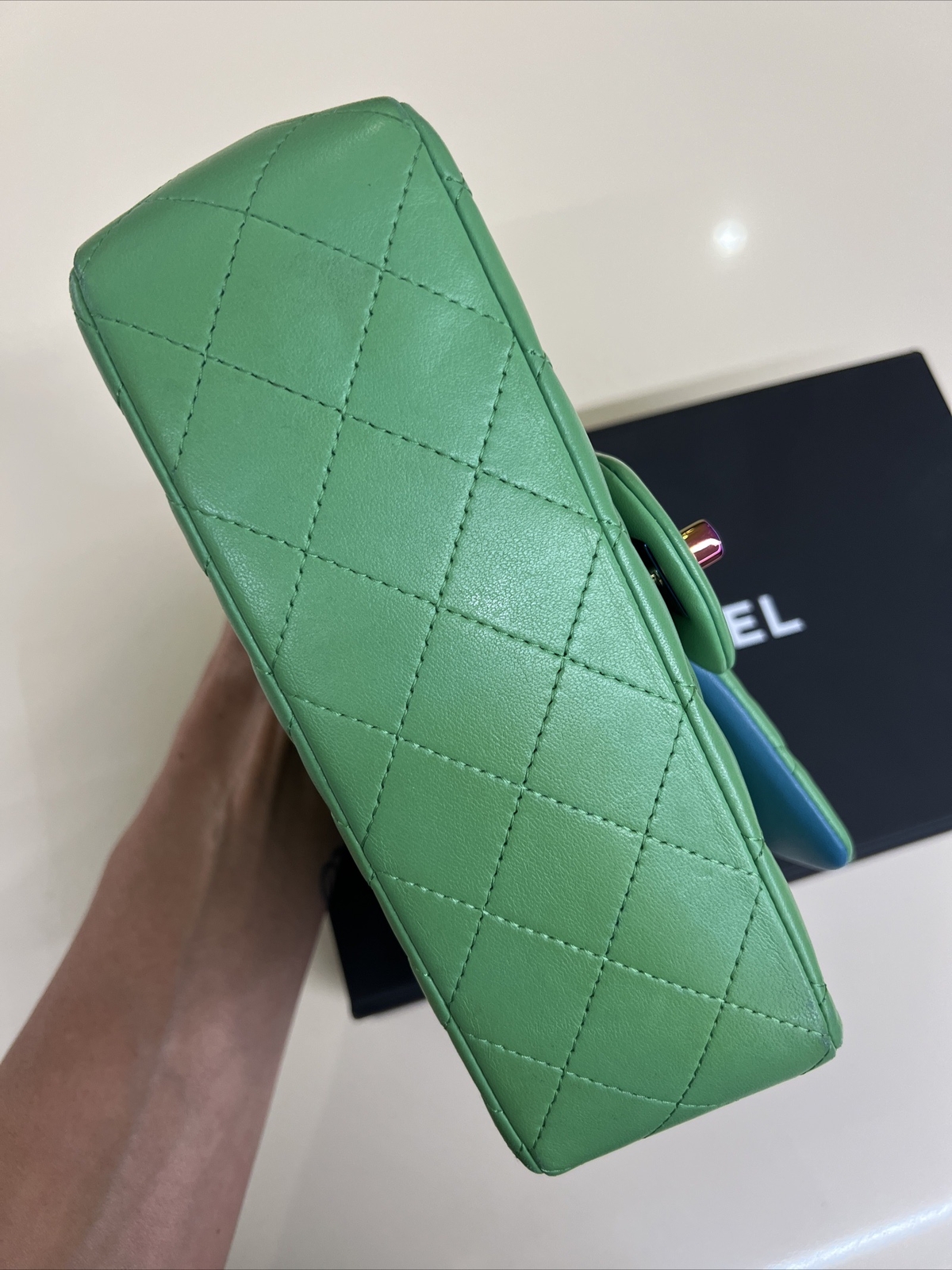 Chanel Mini Rectangular Green Lambskin Rainbow Ha… - image 4