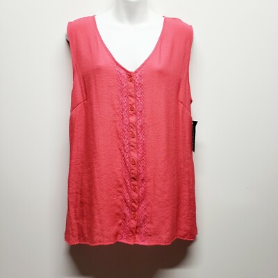 Notations Women's Large Pink Sleeveless Blouse Floral Lace Trim Career Top