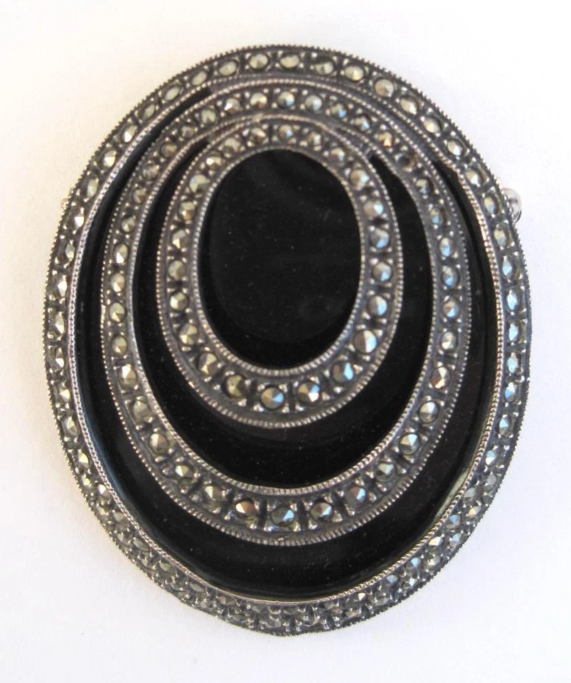 Large Oval Onyx Silver Marcasite Pin Brooch Victorian Look 2 inch by 1.5 inch