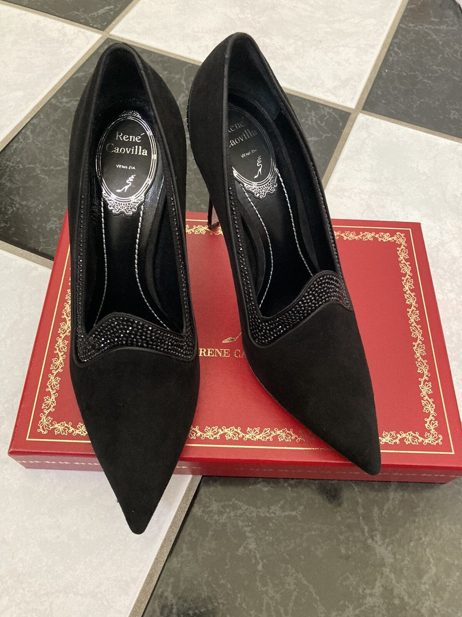 NIB 100% AHTH Rene Caovilla Black Strass Suede Pointed Toe Pumps