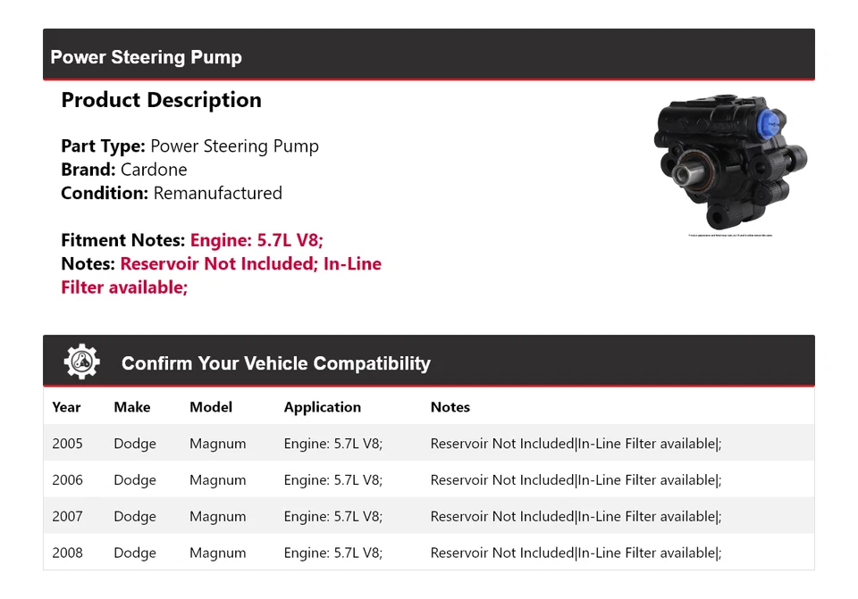 Bomba de dirección asistida Cardone 2006 2007 para Dodge Magnum 2005-2008 5,7 L V8 Foto 2 de 4