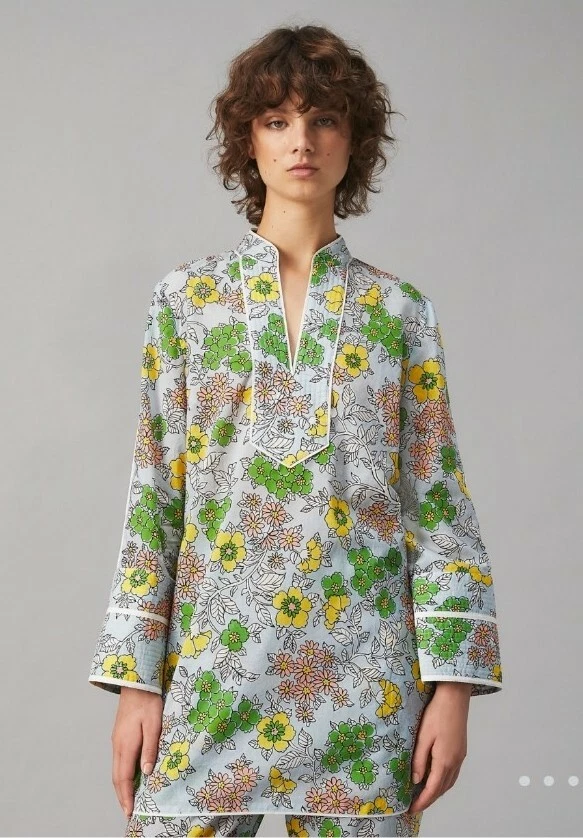 Nuovo con etichetta! TORY BURCH TUNICA STAMPATA COPRICOSTUME CARTA DA PARATI BLU FLOREALE Taglia M