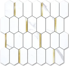 Long Hexagon Peel & Stick Backsplash Tiles, White Marble Gold, 10-Sheet Pack