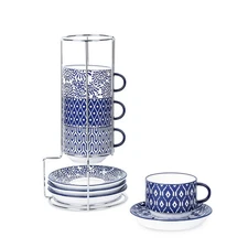 Ceramic Cappuccino Cups with Saucers and Metal Stand, 8 OZ Stackable Espresso...