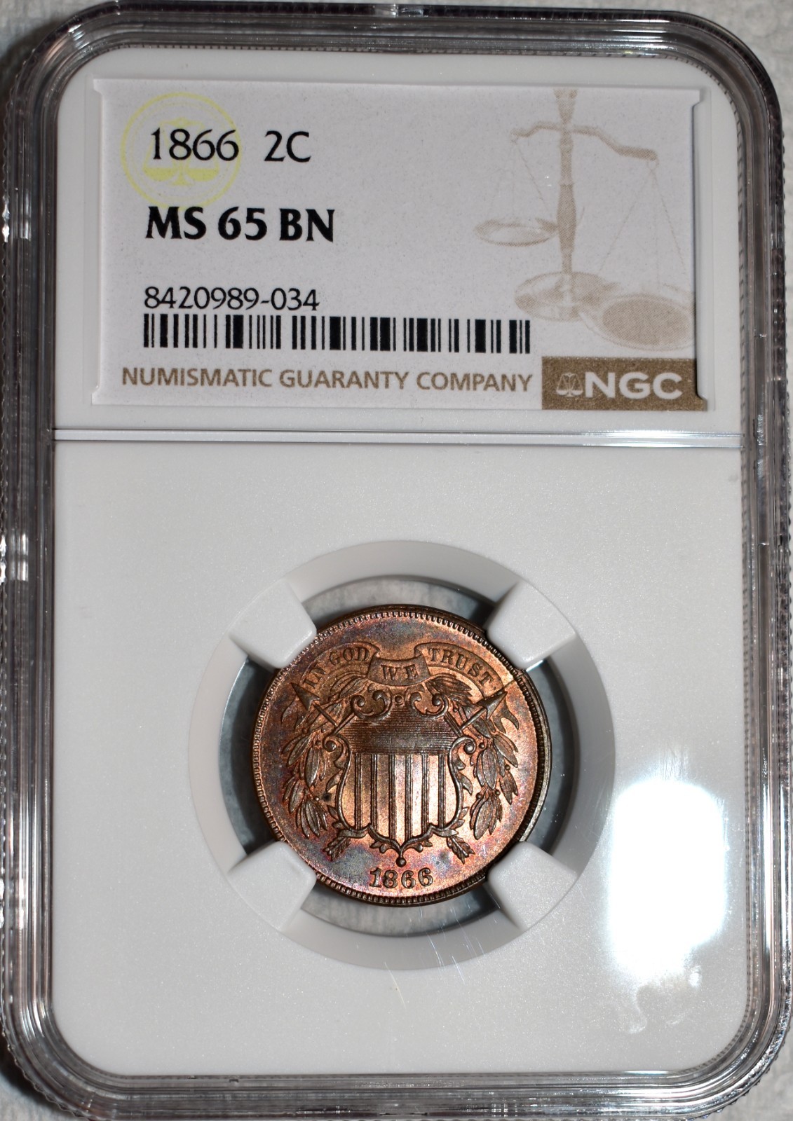NGC MS-65 BN 1866 Two Cent Piece, Attractively Toned, Clearly Red-Brown Gem!