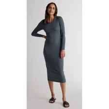 Quince TENCEL Ribbed Long Sleeve Midi Maxi Dress Lined Dark Green Size S