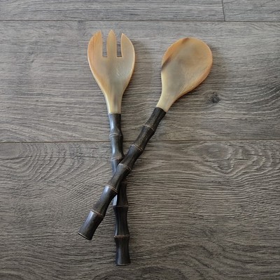 Hand Carved Bovine Horn Salad Server Set 10  MCM TIKI Bamboo Style Handles EUC
