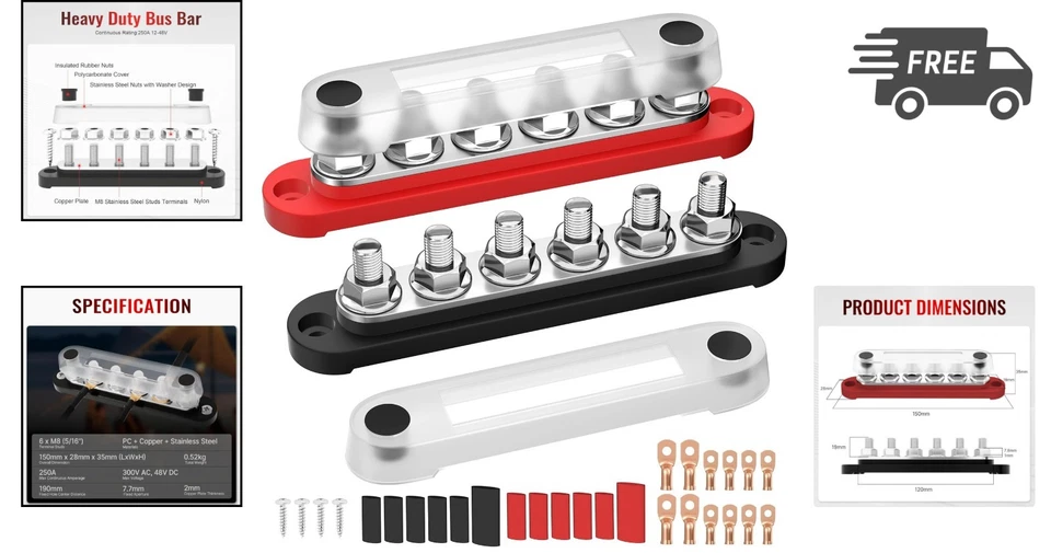12V Bus Bar Power Distribution Block 250A Marine Car Solar System 6 Pack - Image 2 of 4