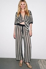 ZARA NEW WOMAN HIGH RISE ECRU BLACK STRIPED LINEN CUFFED HEM BALLOON PANTS sz M