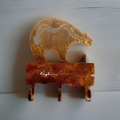 Vtg SW Native Spirit Bear Wall Mounted Hooks, Rusty Laser Cut Steel, Signed 5+''L