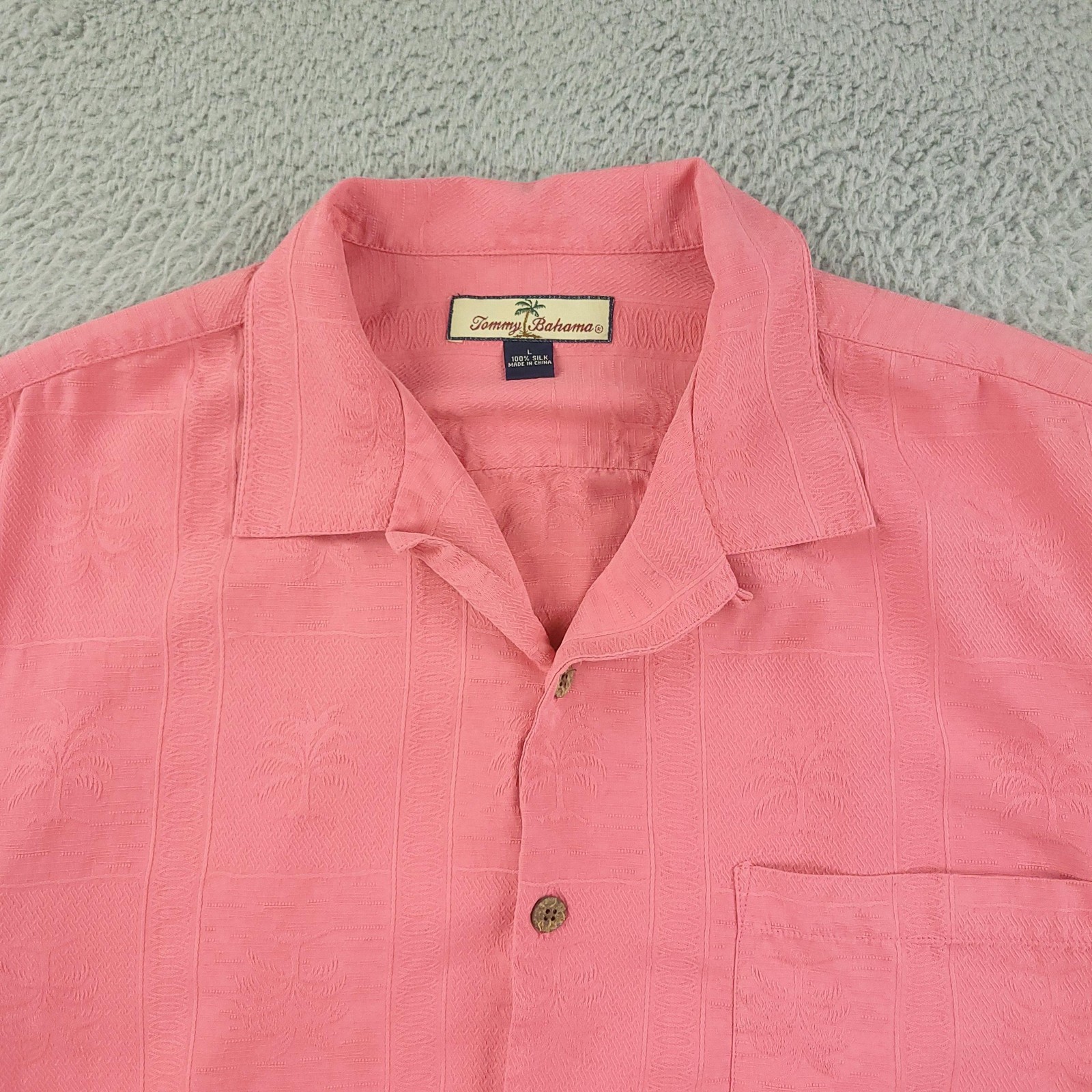 Tommy Bahama Shirt Mens Large Pink 100% Silk Hawaiian Palm Camp Button Front