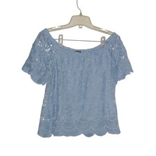 Haute Monde Off The Shoulder Lace Top Blue Short Sleeve Scalloped Hem Crop S