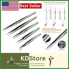 5 Pcs Stainless Steel Precision Curved Tweezers Set - Non-Magnetic, Heat Resi...