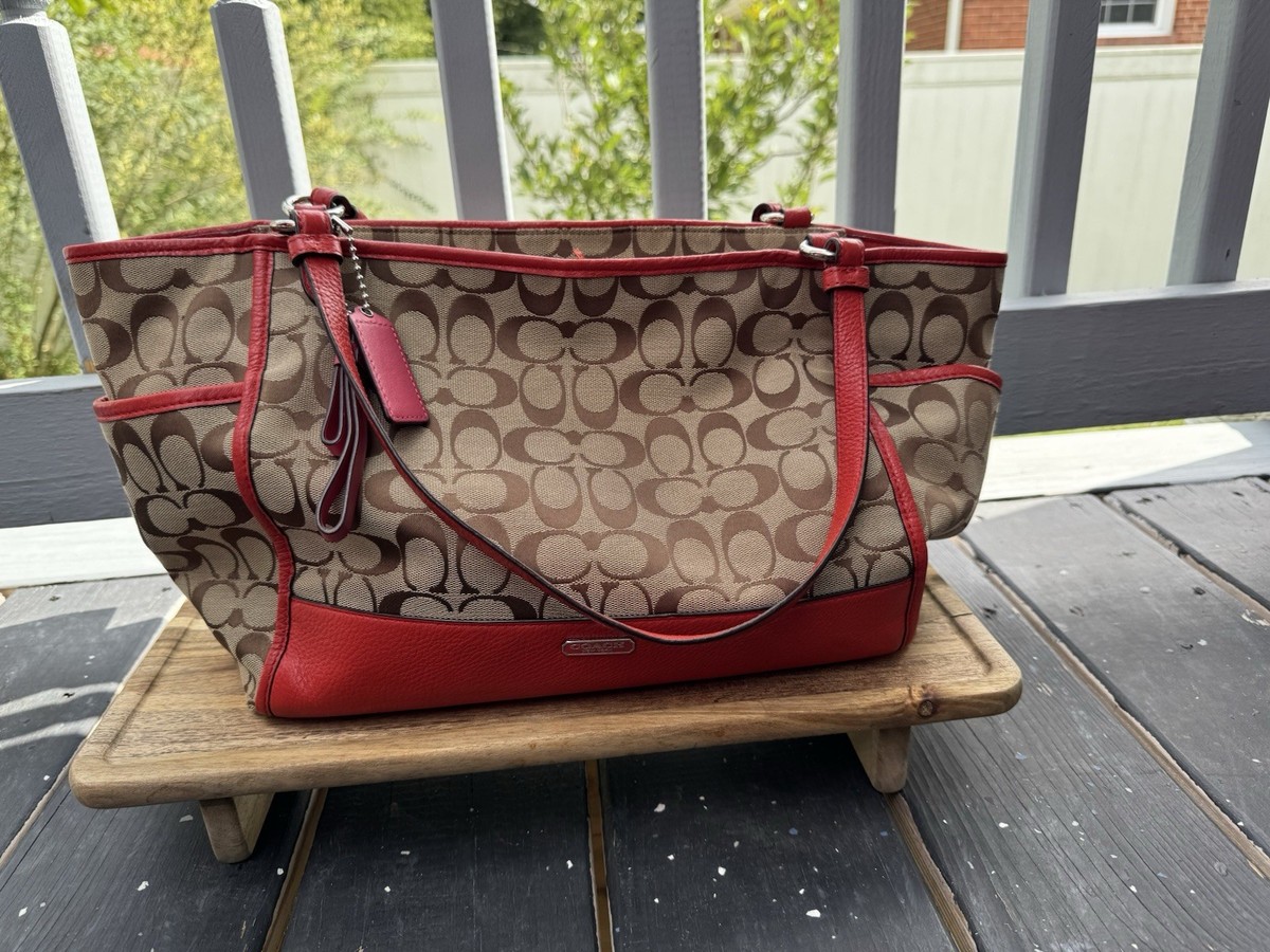Coach Park Signature Carrie Tote F23297 Brown Beige Red Canvas