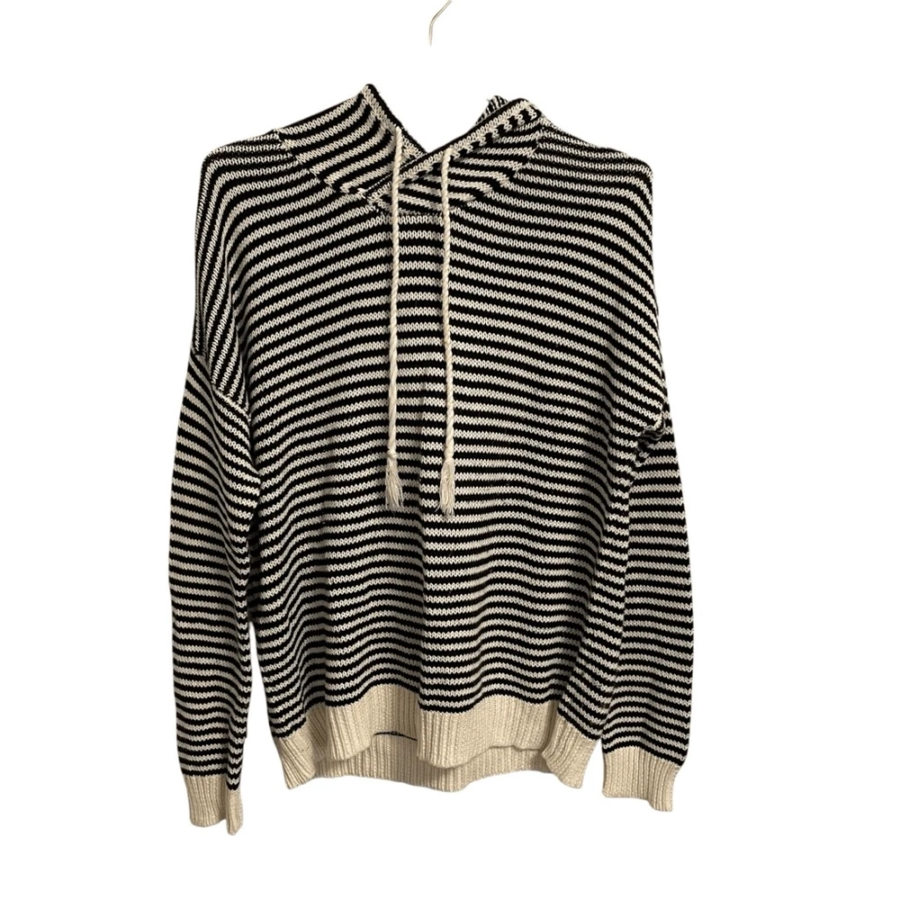 Anthropologie Striped Knit Hoodie Sweater Black Cream Cotton Blend Large