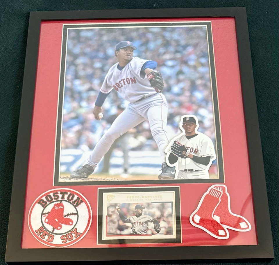 MLB: REDSOX PEDRO MARTINEZ  8x10 PIC In 11x14 MAT W/ CARD, STICKER & TWO PATCHES - Image 2 of 4
