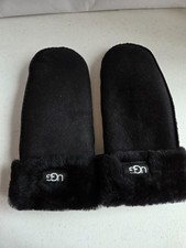UGG BLACK SUEDE SHEEPSKIN UGG LOGO WINTER MITTENS WOMEN L/XL NWT