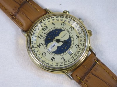   VINTAGE BON JOUR SUN /MOON CALENDER, 2 INNER ROTATING BEZEL WATCH,RARE, 80's